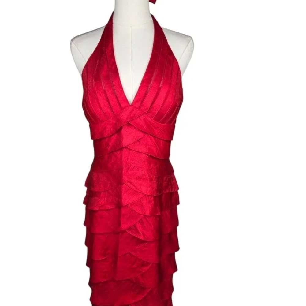 Vintage Cache Red Halter Dress: Y2K SatinTiered Cocktail Dress, Sz2